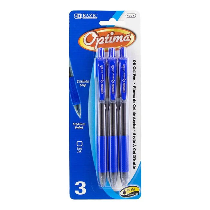 Stylo rétractable à encre gel-huile Optima bleu avec grip (paquet de 3)